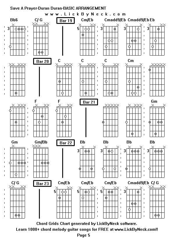 Chord Grids Chart of chord melody fingerstyle guitar song-Save A Prayer-Duran Duran-BASIC ARRANGEMENT,generated by LickByNeck software.